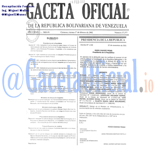 Gaceta Oficial 37377 del 1 Febrero 2002