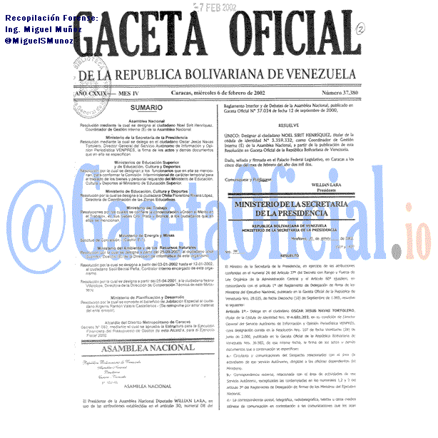 Gaceta Oficial 37380 del 6 Febrero 2002