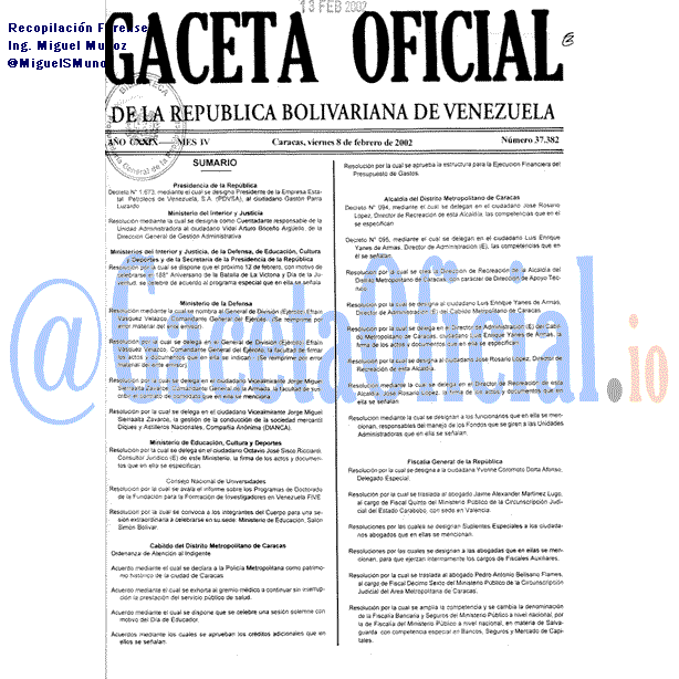 Gaceta Oficial 37382 del 8 Febrero 2002