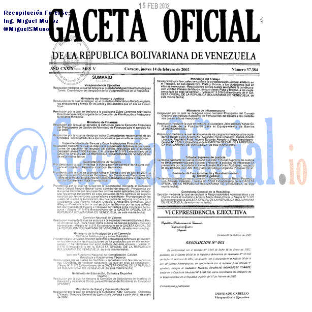 Gaceta Oficial 37384 del 14 Febrero 2002