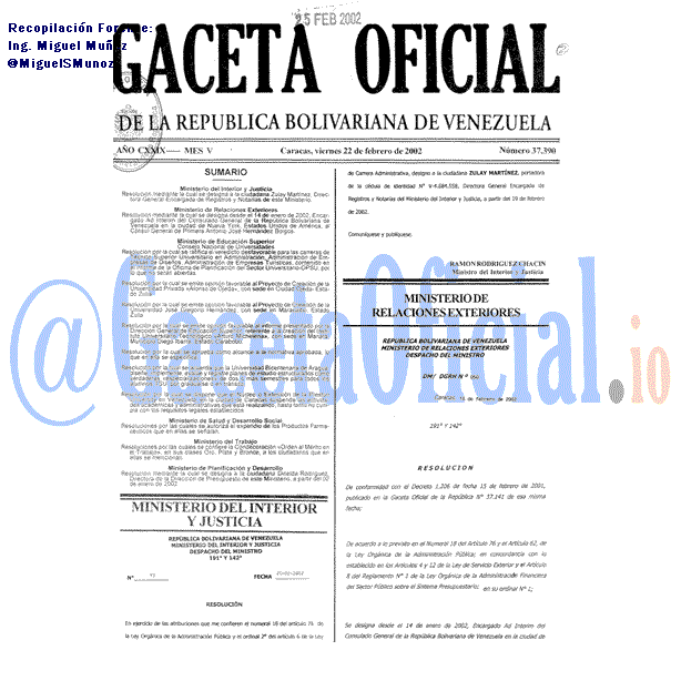 Gaceta Oficial 37390 del 22 Febrero 2002