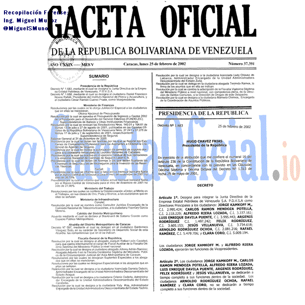Gaceta Oficial 37391 del 25 Febrero 2002