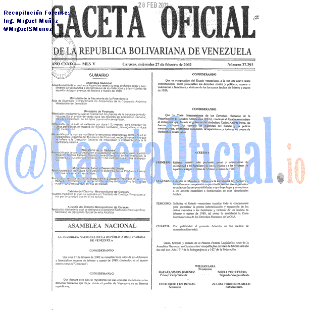 Gaceta Oficial 37393 del 27 Febrero 2002