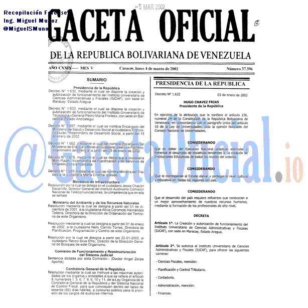 Gaceta Oficial 37396 del 4 Marzo 2002