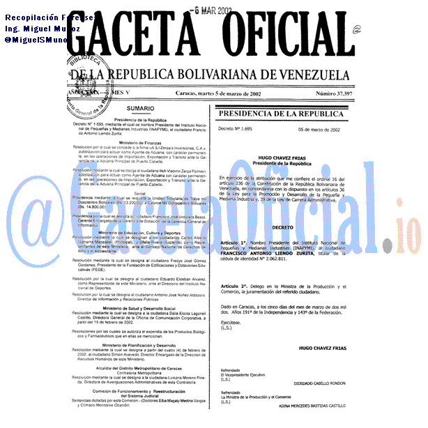 Gaceta Oficial 37397 del 5 Marzo 2002