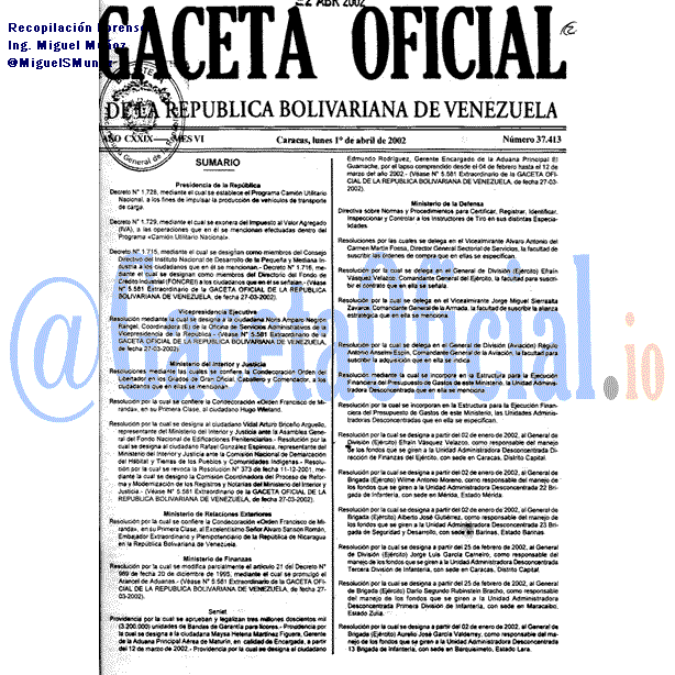 Gaceta Oficial 37413 del 1 Abril 2002