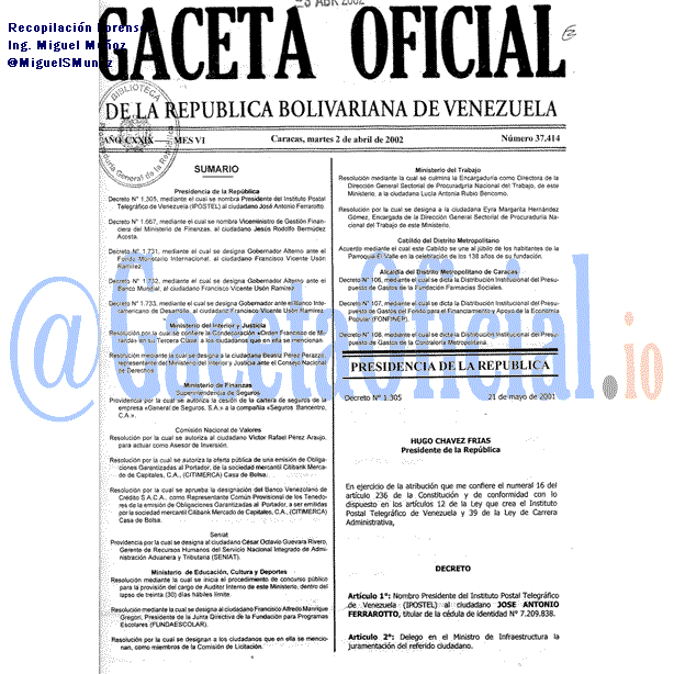 Gaceta Oficial 37414 del 2 Abril 2002