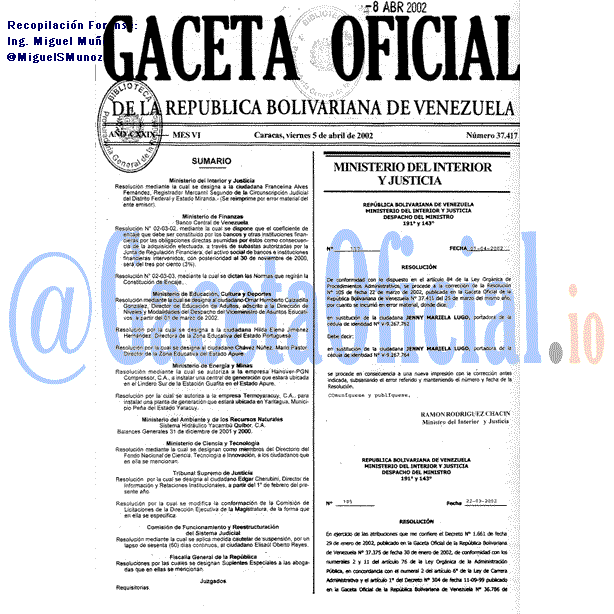 Gaceta Oficial 37417 del 5 Abril 2002