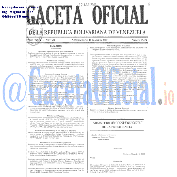 Gaceta Oficial 37424 del 16 Abril 2002