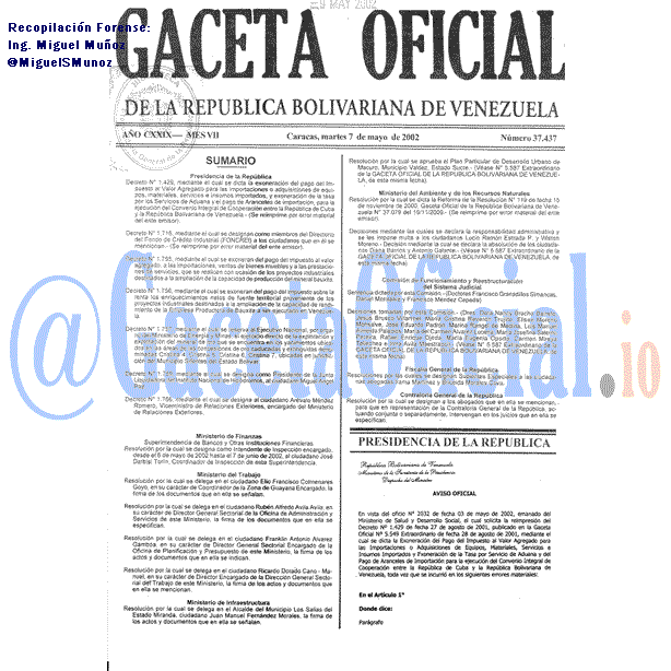 Gaceta Oficial 37437 del 7 Mayo 2002
