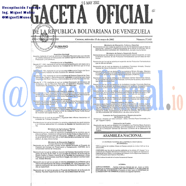 Gaceta Oficial 37443 del 15 Mayo 2002