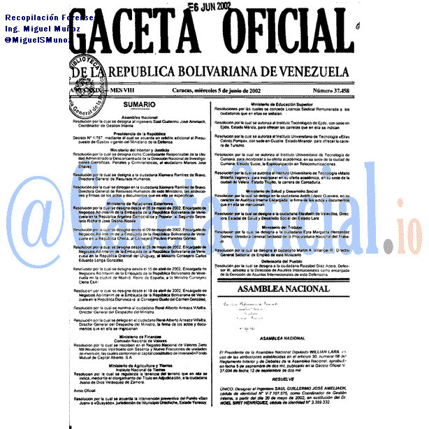 Gaceta Oficial 37458 del 5 Junio 2002