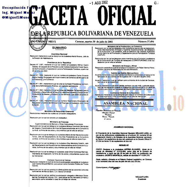Gaceta Oficial 37494 del 30 Julio 2002