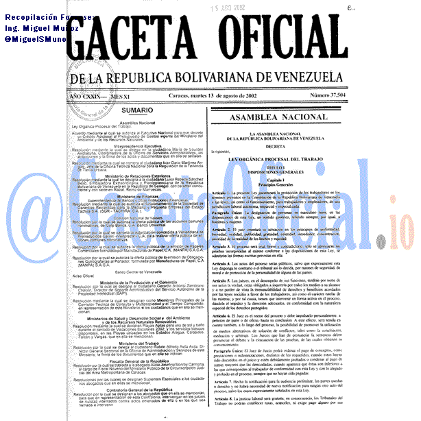 Gaceta Oficial 37504 del 13 Agosto 2002