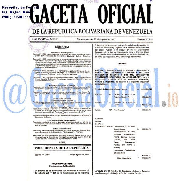 Gaceta Oficial 37514 del 27 Agosto 2002