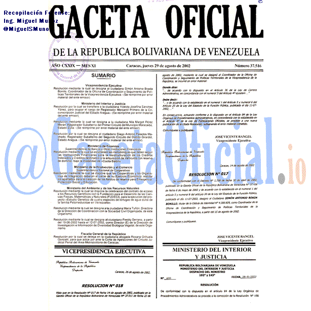 Gaceta Oficial 37516 del 29 Agosto 2002