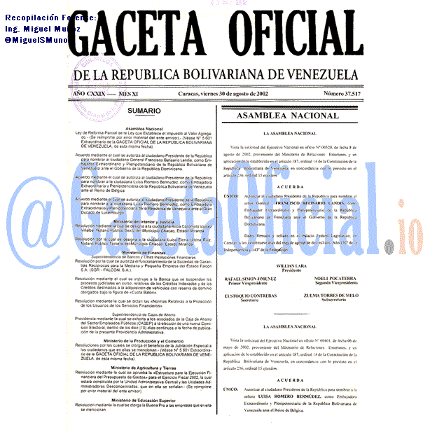 Gaceta Oficial 37517 del 30 Agosto 2002