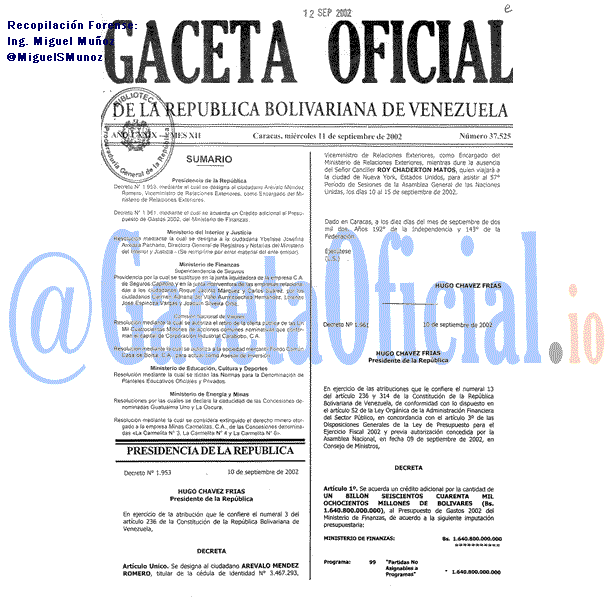 Gaceta Oficial 37525 del 11 Septiembre 2002