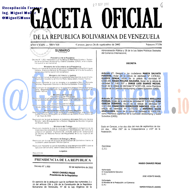 Gaceta Oficial 37536 del 26 Septiembre 2002