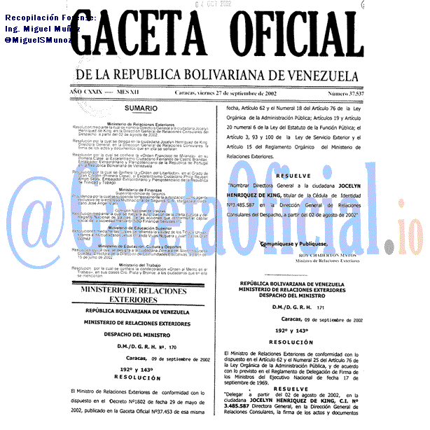 Gaceta Oficial 37537 del 27 Septiembre 2002