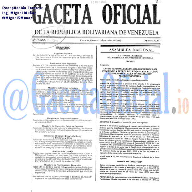 Gaceta Oficial 37547 del 11 Octubre 2002