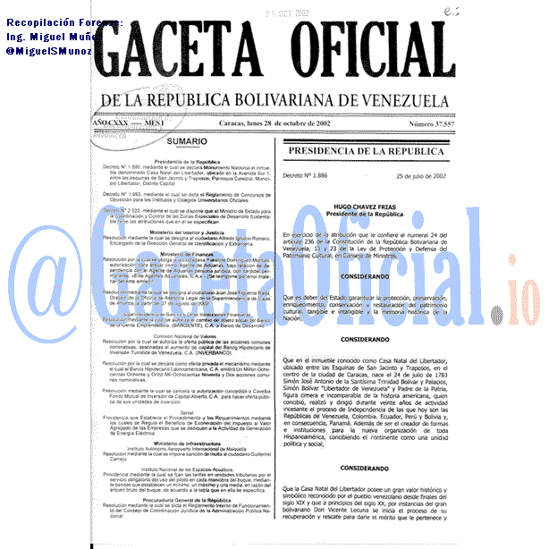 Gaceta Oficial 37557 del 28 Octubre 2002