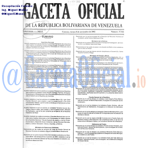 Gaceta Oficial 37566 del 8 Noviembre 2002