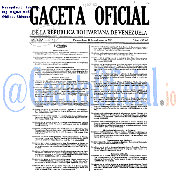 Gaceta Oficial 37567 del 11 Noviembre 2002