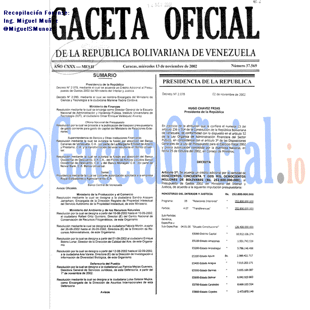 Gaceta Oficial 37569 del 13 Noviembre 2002