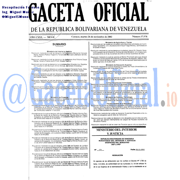Gaceta Oficial 37578 del 26 Noviembre 2002