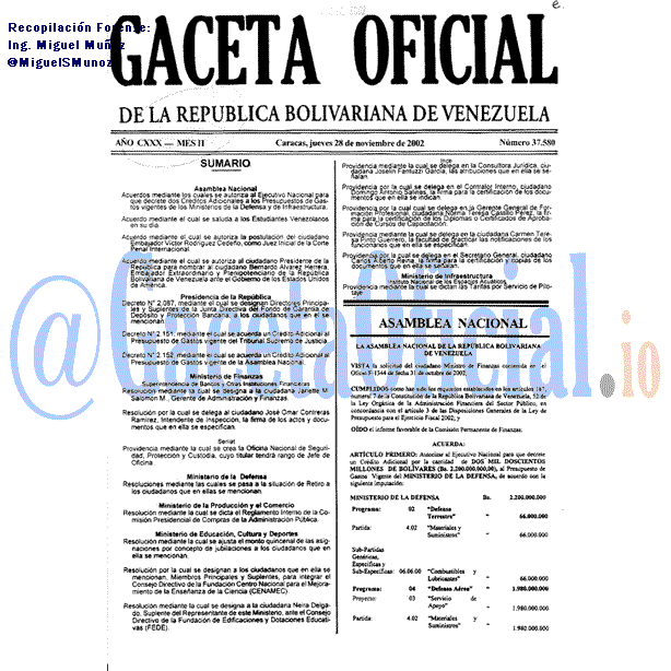 Gaceta Oficial 37580 del 28 Noviembre 2002
