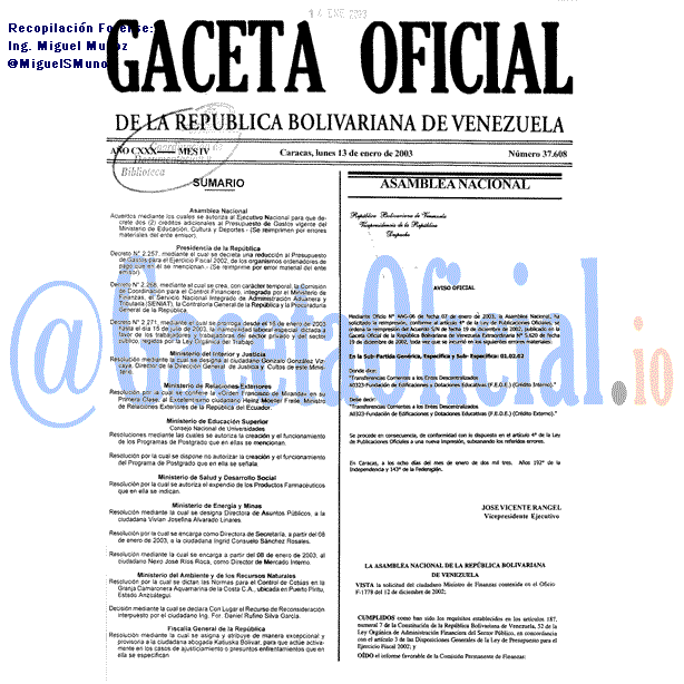 Gaceta Oficial 37608 del 13 Enero 2003