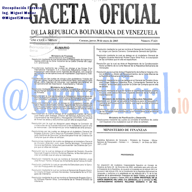 Gaceta Oficial 37621 del 30 Enero 2003