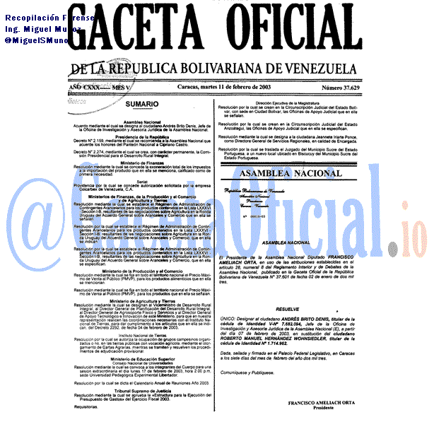 Gaceta Oficial 37629 del 11 Febrero 2003