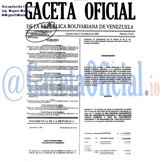 Gaceta Oficial 37633 del 17 Febrero 2003