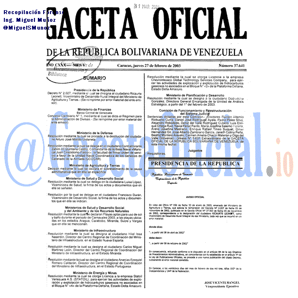 Gaceta Oficial 37641 del 27 Febrero 2003
