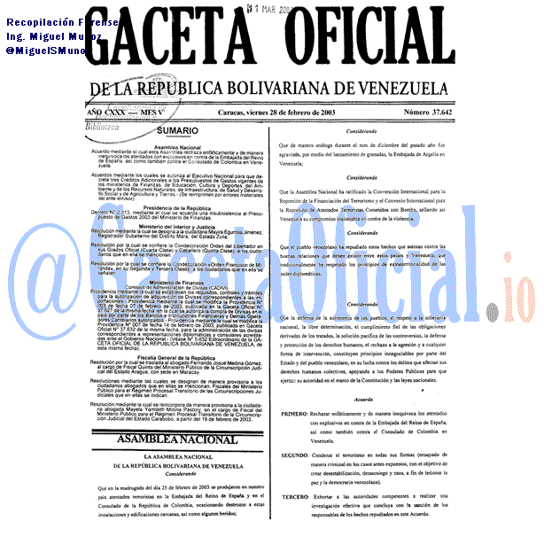 Gaceta Oficial 37642 del 28 Febrero 2003