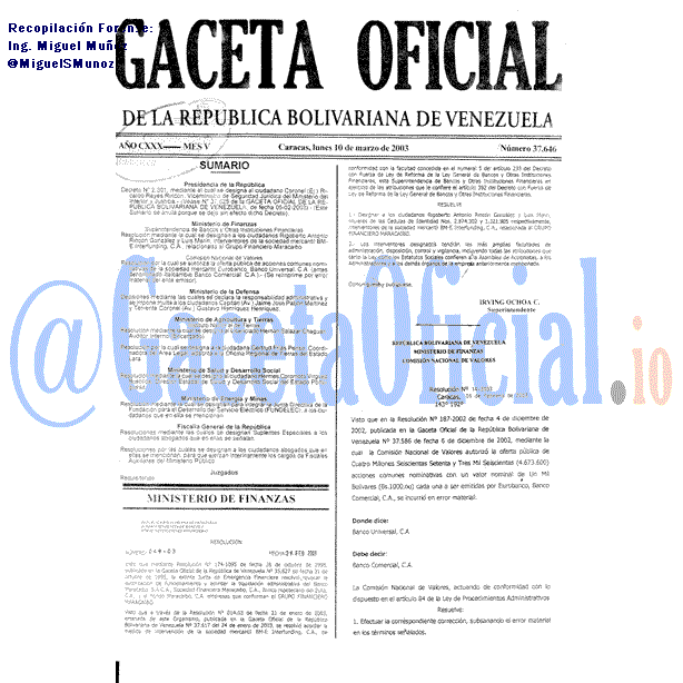 Gaceta Oficial 37646 del 10 Marzo 2003