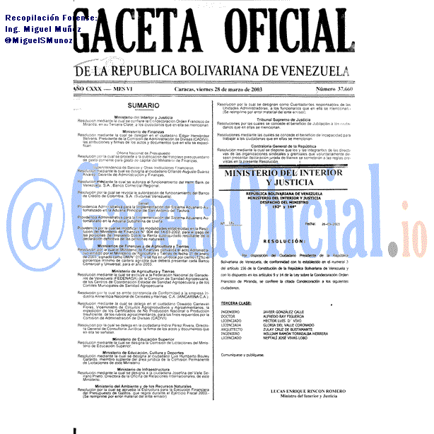 Gaceta Oficial 37660 del 28 Marzo 2003