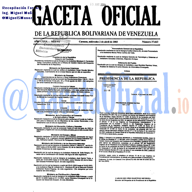 Gaceta Oficial 37663 del 2 Abril 2003