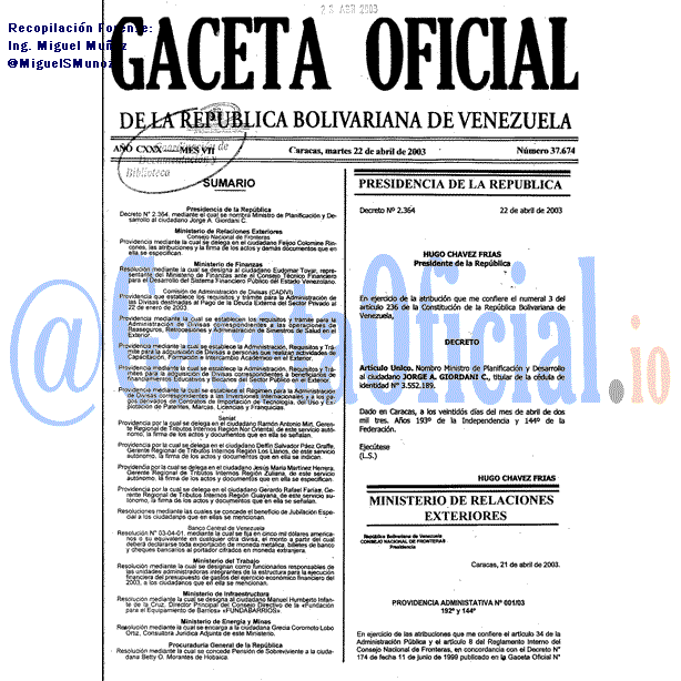 Gaceta Oficial 37674 del 22 Abril 2003