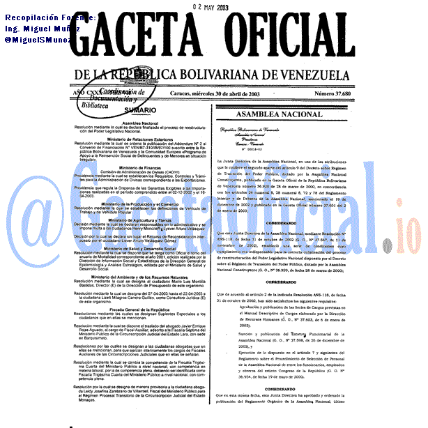 Gaceta Oficial 37680 del 30 Abril 2003