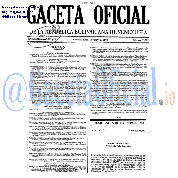 Gaceta Oficial 37687 del 12 Mayo 2003