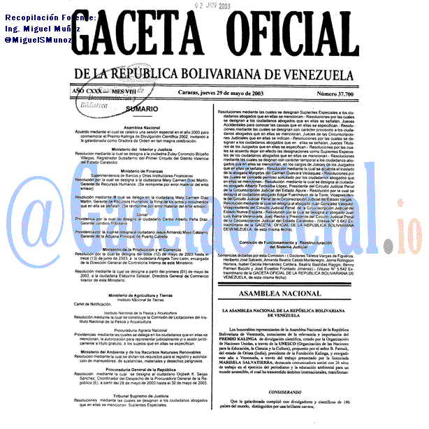 Gaceta Oficial 37700 del 29 Mayo 2003