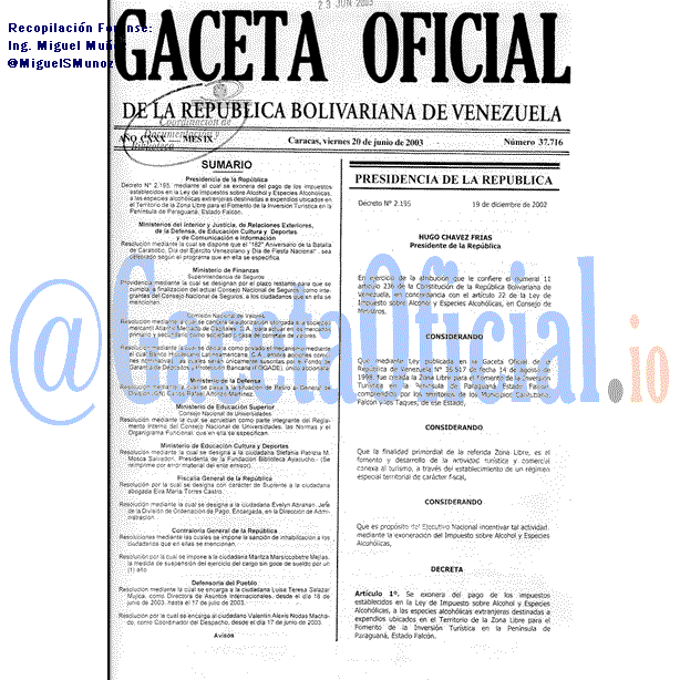 Gaceta Oficial 37716 del 20 Junio 2003