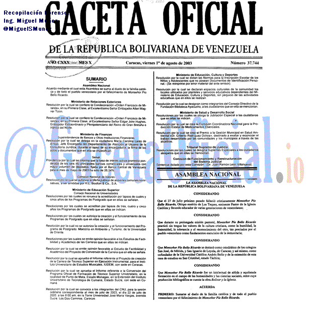 Gaceta Oficial 37744 del 1 Agosto 2003