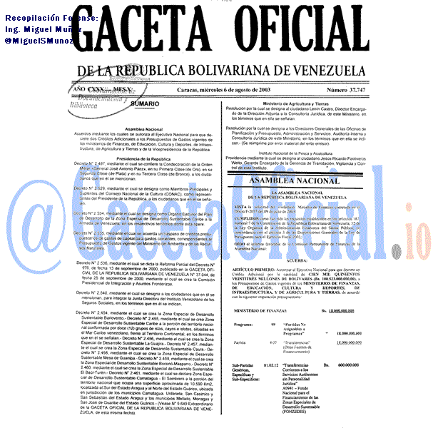 Gaceta Oficial 37747 del 6 Agosto 2003