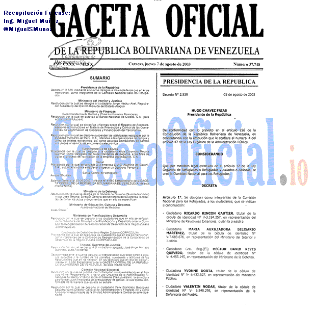 Gaceta Oficial 37748 del 7 Agosto 2003