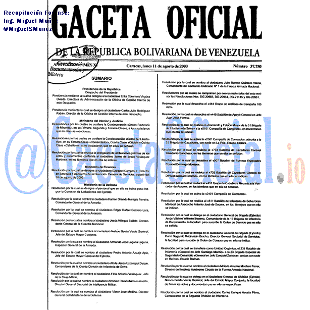 Gaceta Oficial 37750 del 11 Agosto 2003