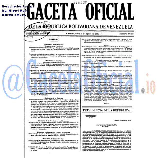 Gaceta Oficial 37758 del 21 Agosto 2003
